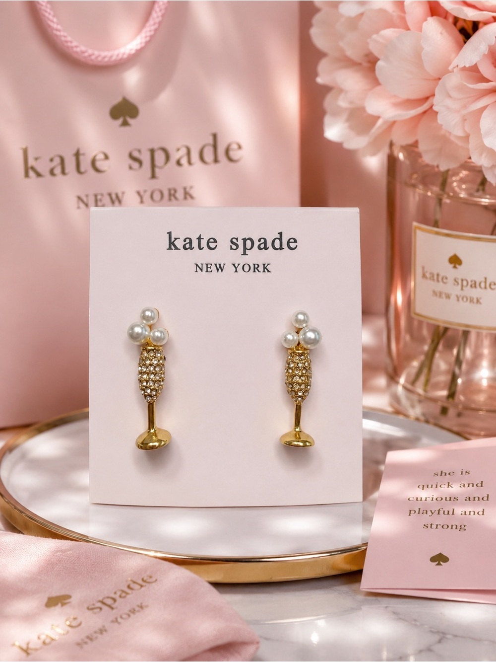 Kate Spade Gold Tone Crystal & Pearl Champagne Flute Stud Earrings